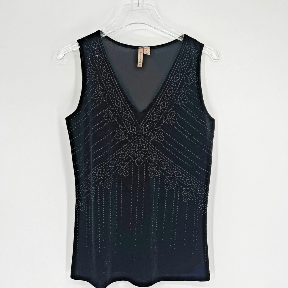 Vtg Susan Lawrence Tank Top Womens L‎ Black Sparkle Y2K Glam Whimsigoth Floral